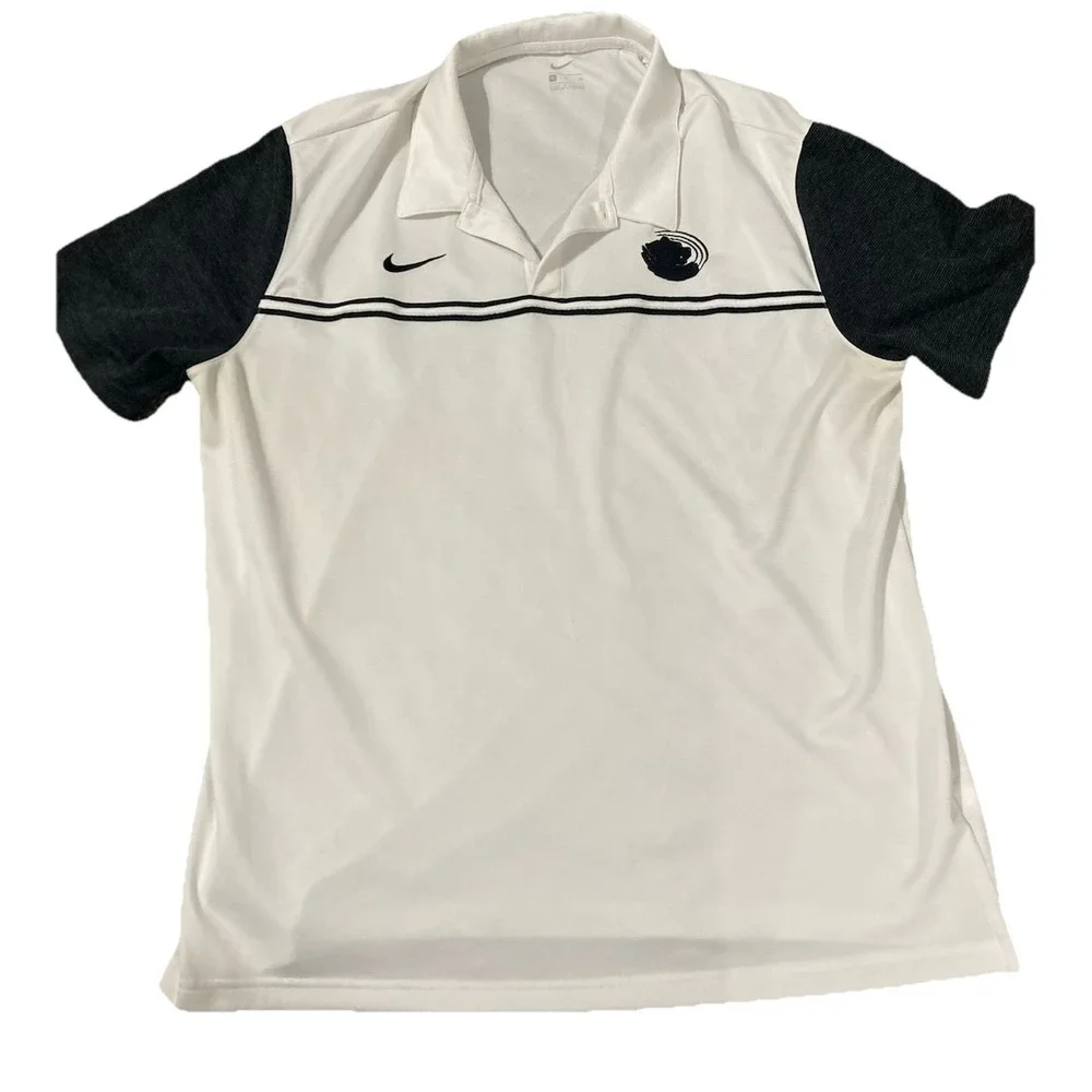Nike Polo Shirt Mens XL White Black Stripe Swoosh Golf Athletic Dri Fit Spot